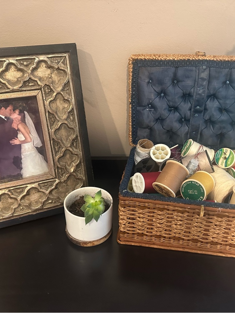 Wicker Sewing Basket with Navy Lined Interior